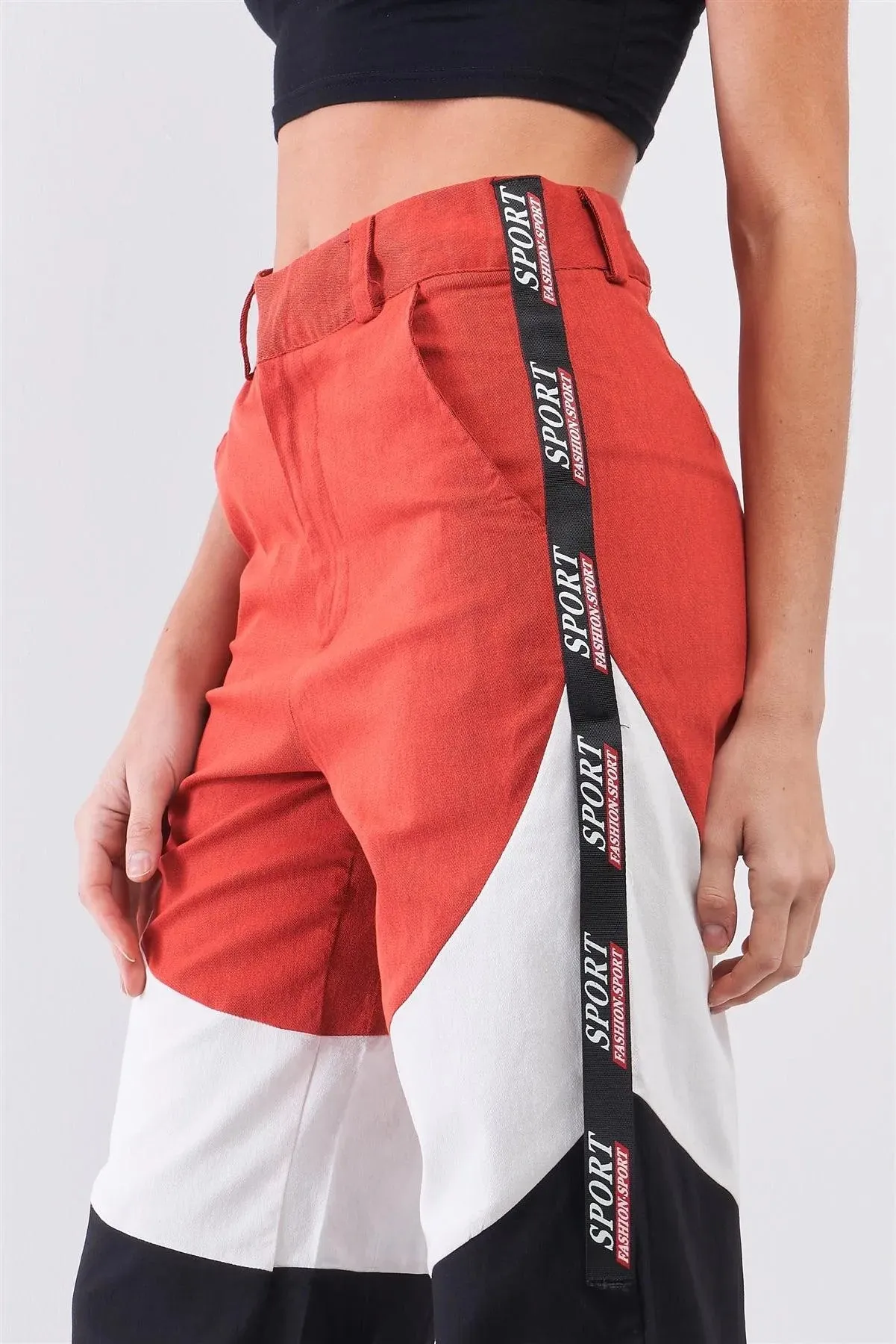 Rust Red High Waist Sport Print Detail Parachute Cargo Pants /3-2-1