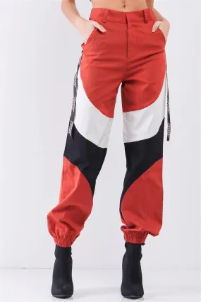 Rust Red High Waist Sport Print Detail Parachute Cargo Pants /3-2-1