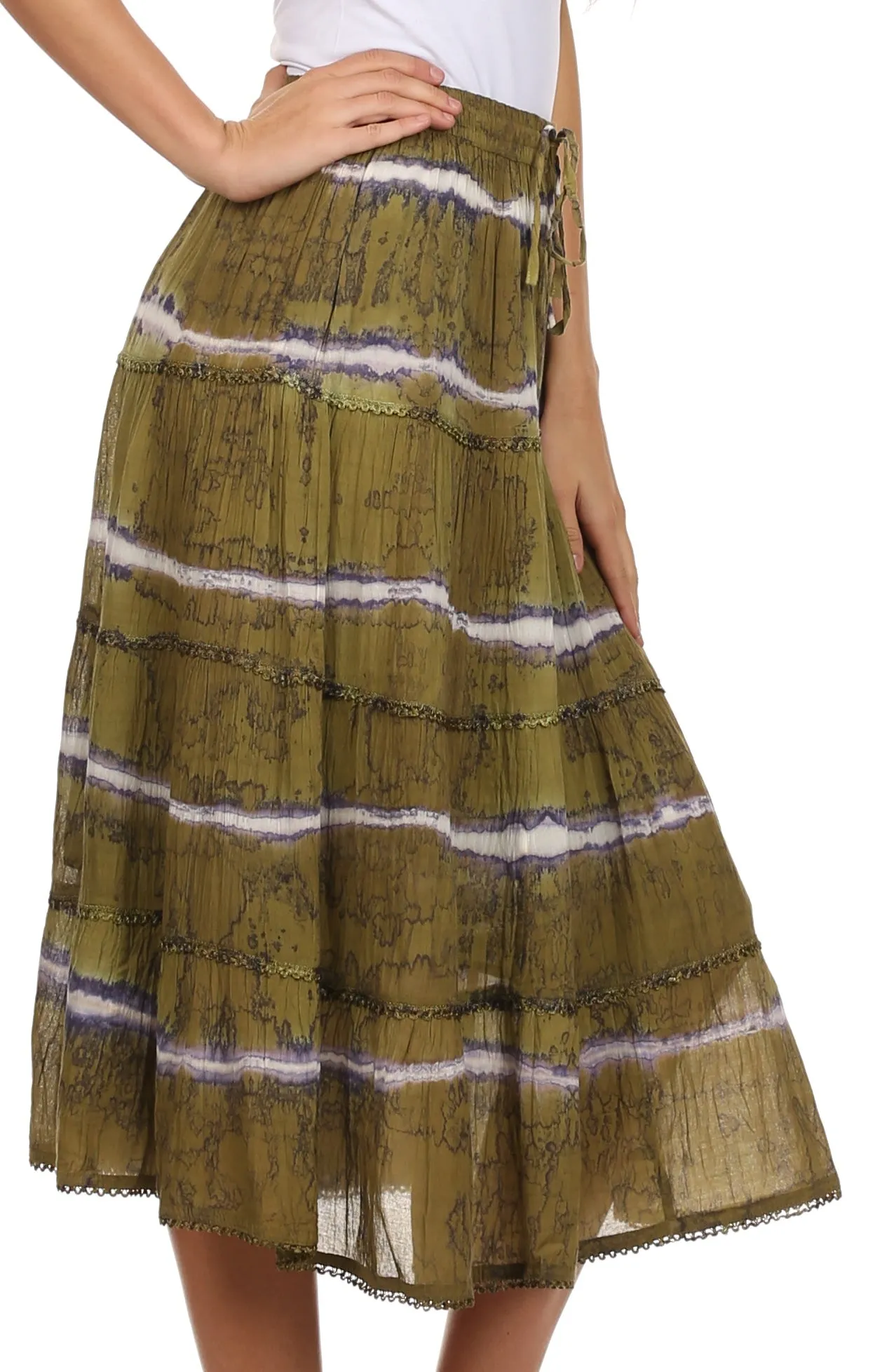 Sakkas Faith  Lace Trim Tie Dye Adjustable Waist Mid Length Cotton Skirt