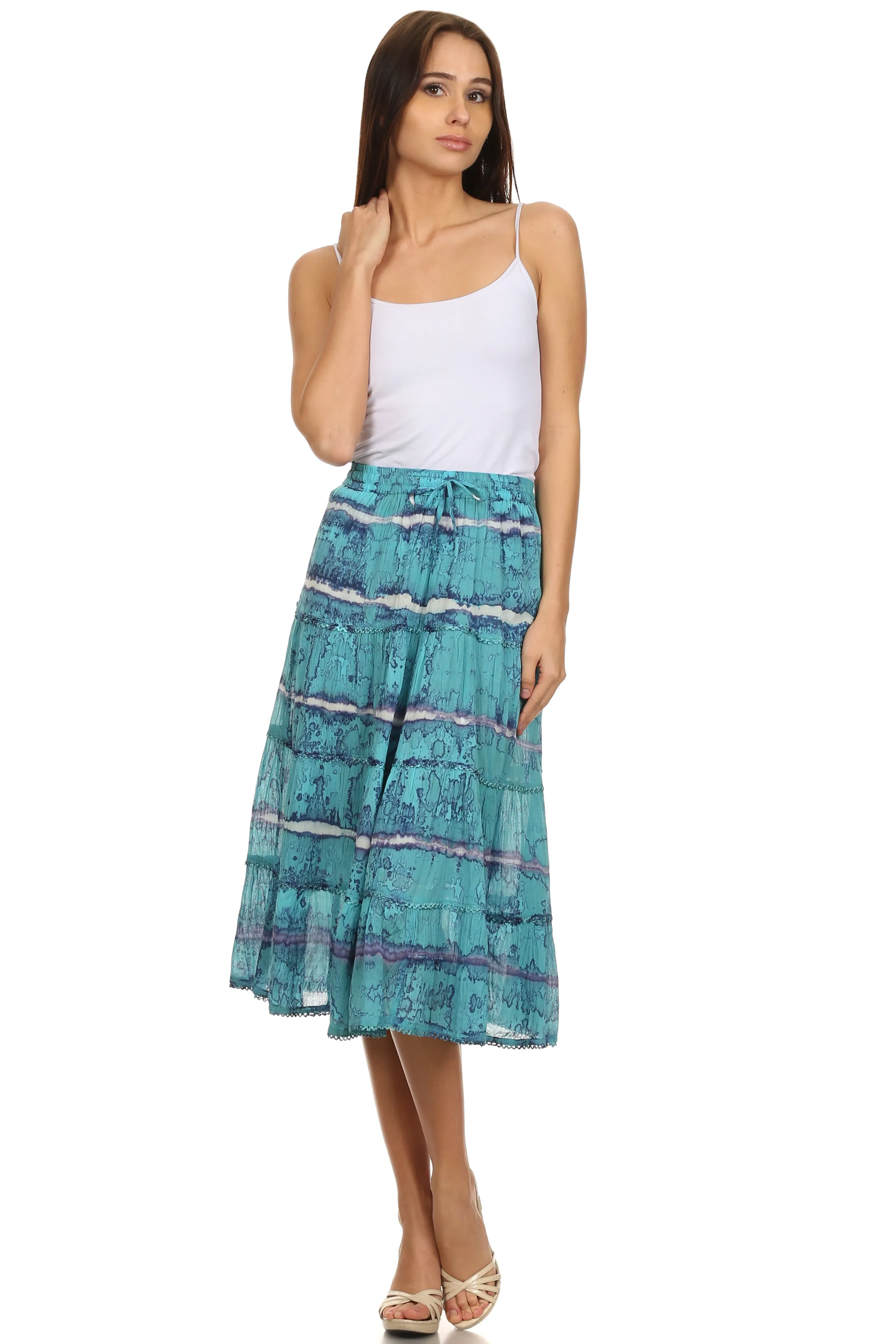 Sakkas Faith  Lace Trim Tie Dye Adjustable Waist Mid Length Cotton Skirt