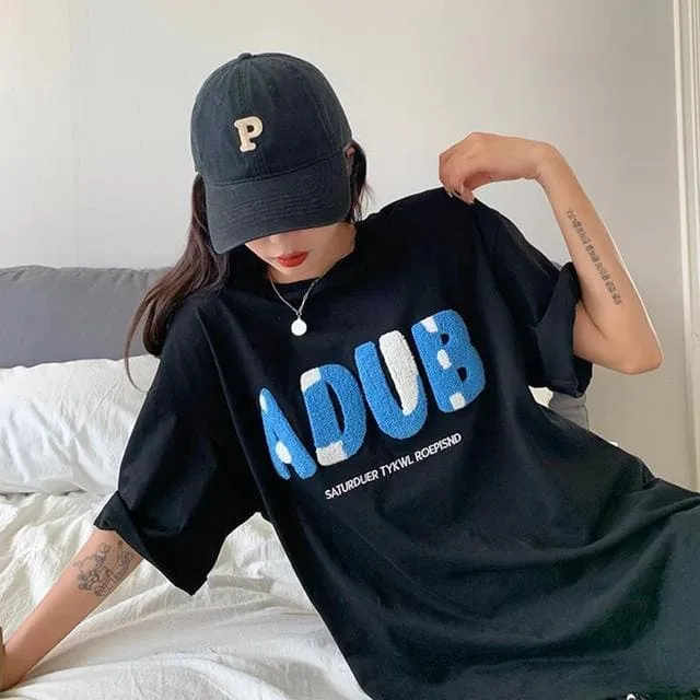 Simple Blue Towel Embroidered Letter T-shirt