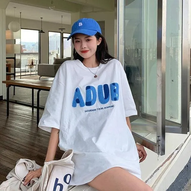 Simple Blue Towel Embroidered Letter T-shirt