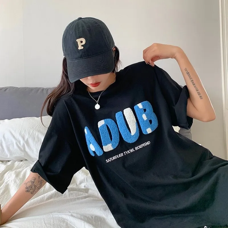 Simple Blue Towel Embroidered Letter T-shirt