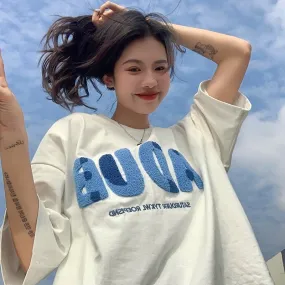 Simple Blue Towel Embroidered Letter T-shirt