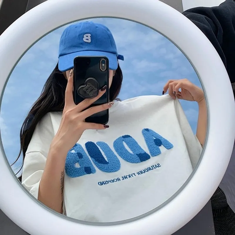 Simple Blue Towel Embroidered Letter T-shirt