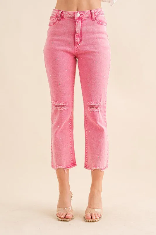 Studded Rhinestone Distressed Knee Edge Stretch High Rise Denim Jeans