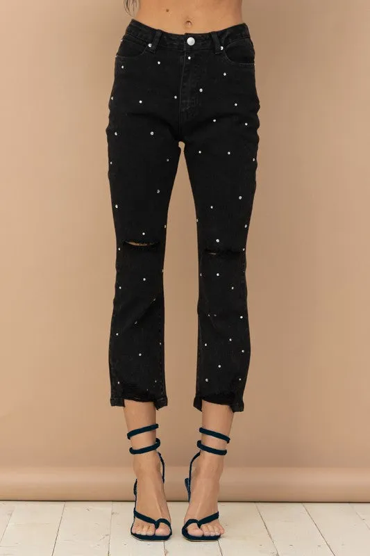 Studded Rhinestone Distressed Knee Edge Stretch High Rise Denim Jeans