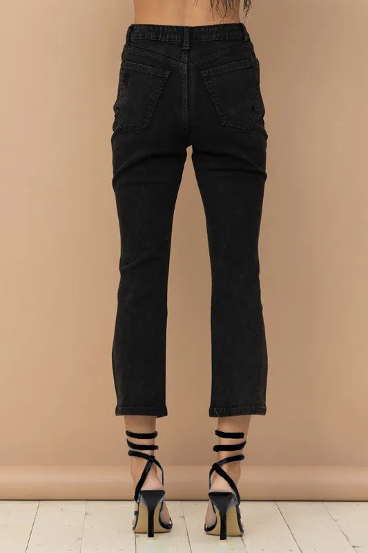 Studded Rhinestone Distressed Knee Edge Stretch High Rise Denim Jeans