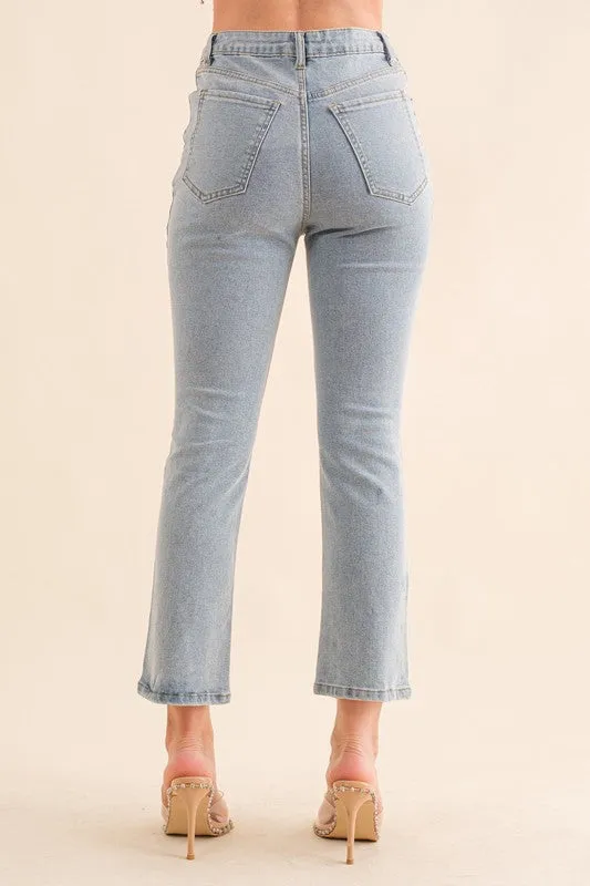 Studded Rhinestone Distressed Knee Edge Stretch High Rise Denim Jeans