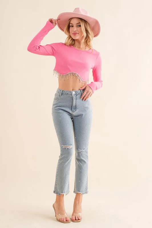 Studded Rhinestone Distressed Knee Edge Stretch High Rise Denim Jeans