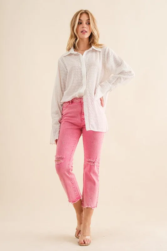 Studded Rhinestone Distressed Knee Edge Stretch High Rise Denim Jeans