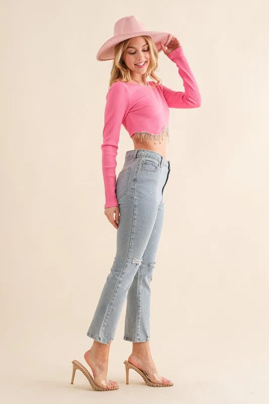 Studded Rhinestone Distressed Knee Edge Stretch High Rise Denim Jeans