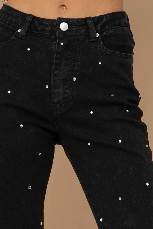 Studded Rhinestone Distressed Knee Edge Stretch High Rise Denim Jeans