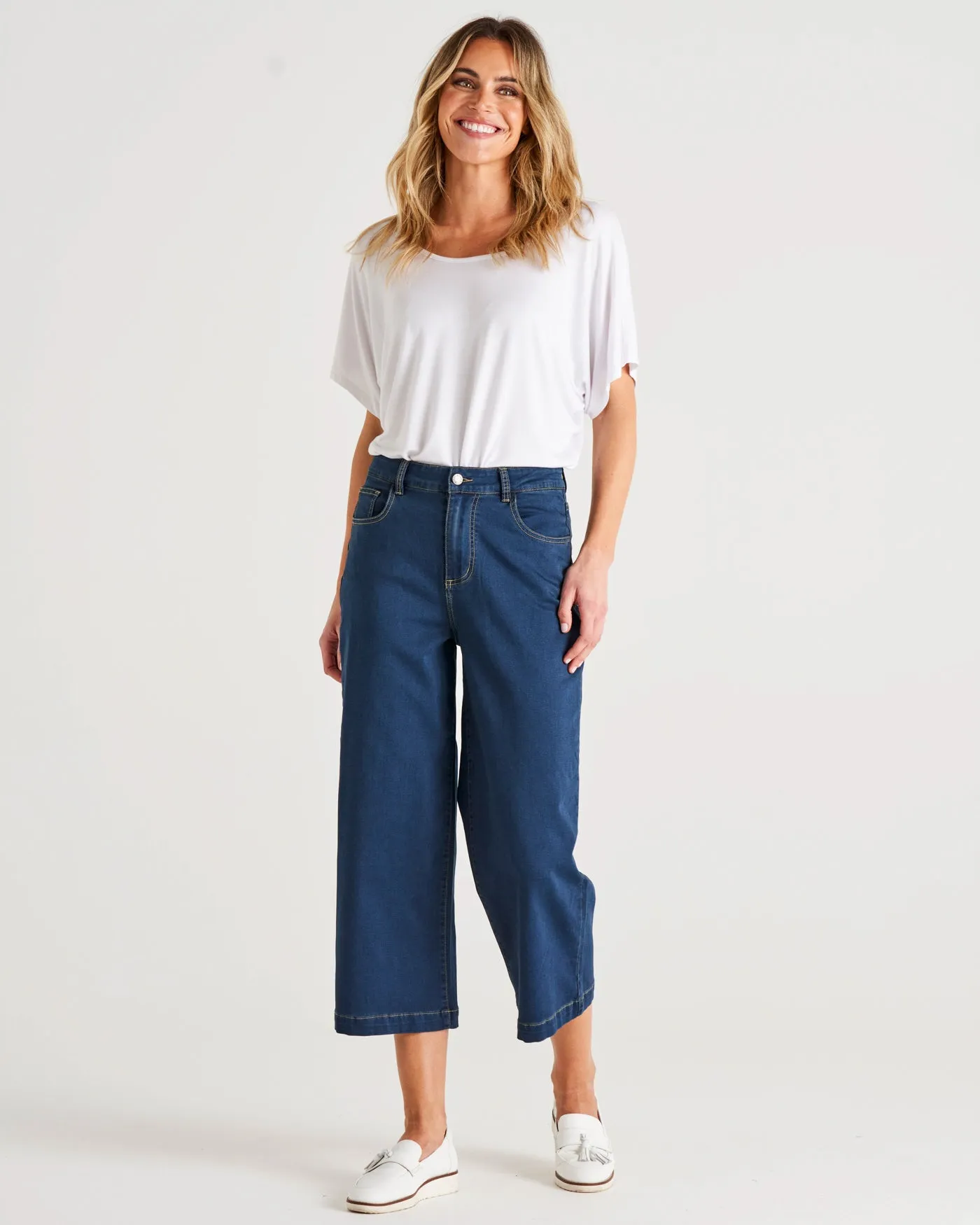 Tabitha Mid-High Rise Cropped Wide Leg Jean - Blue Indi Washed