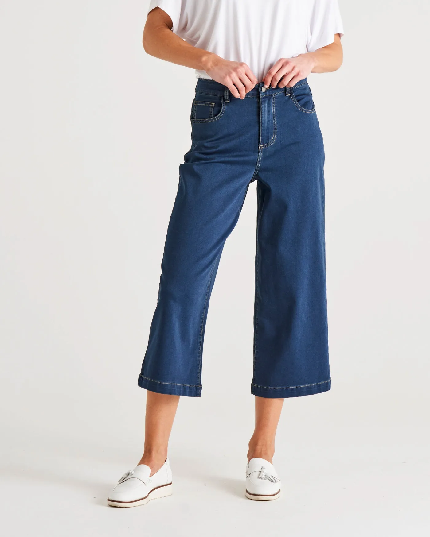 Tabitha Mid-High Rise Cropped Wide Leg Jean - Blue Indi Washed