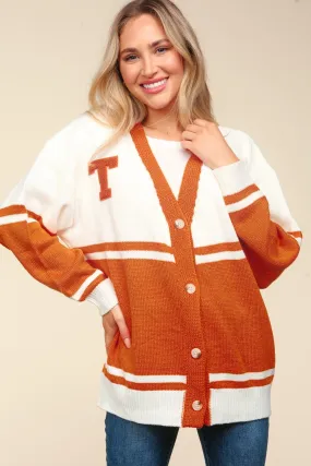 V-Neck Button-Down Letterman Patch Cardigan