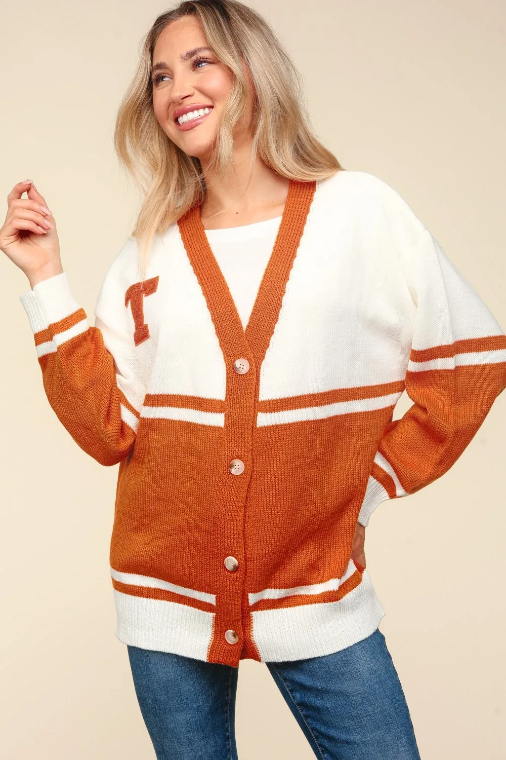 V-Neck Button-Down Letterman Patch Cardigan