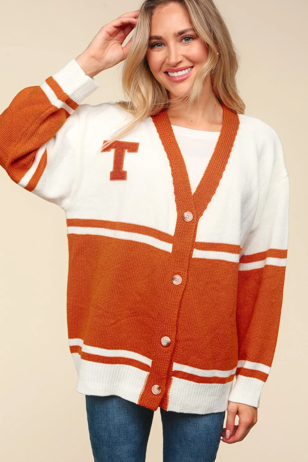 V-Neck Button-Down Letterman Patch Cardigan