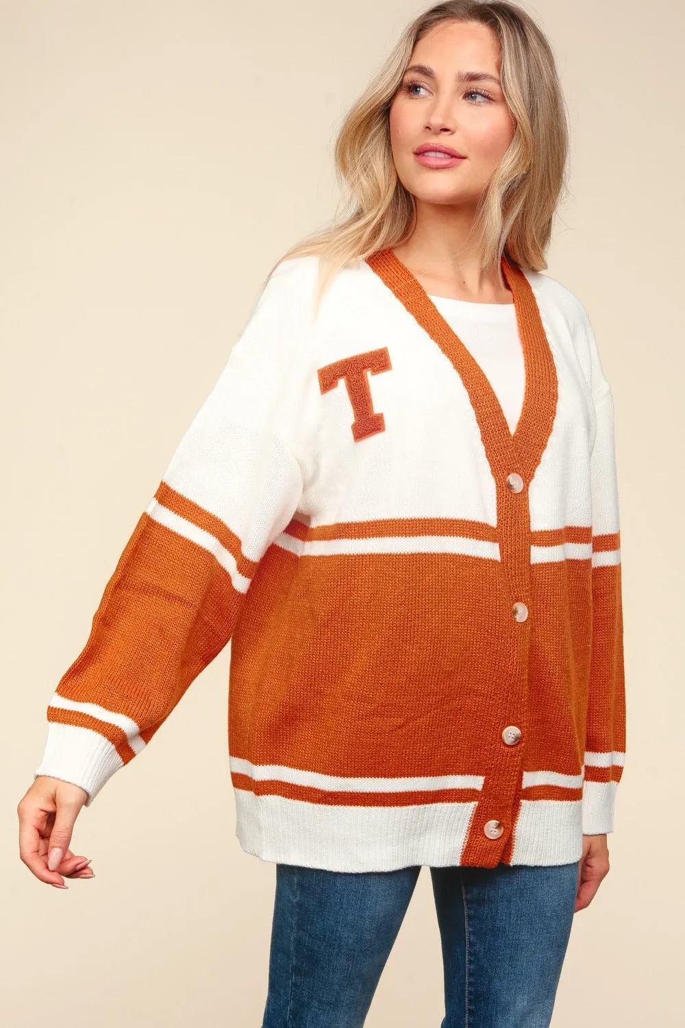V-Neck Button-Down Letterman Patch Cardigan