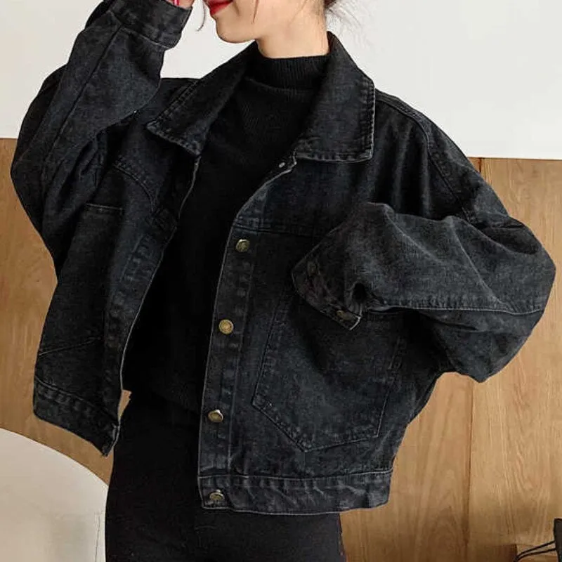 Wenkouban Denim Jackets Women Short Coats Oversized Single Breasted Button Pockets Tops Korean Style Chic Retro Harajuku Casual Streetwear
