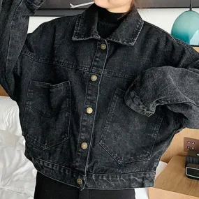 Wenkouban Denim Jackets Women Short Coats Oversized Single Breasted Button Pockets Tops Korean Style Chic Retro Harajuku Casual Streetwear