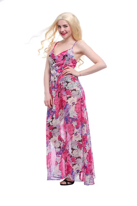 Women‘s Chiffon V-neck Adjustable Waist Fashion Sexy Long Beach Strap Slim Dress