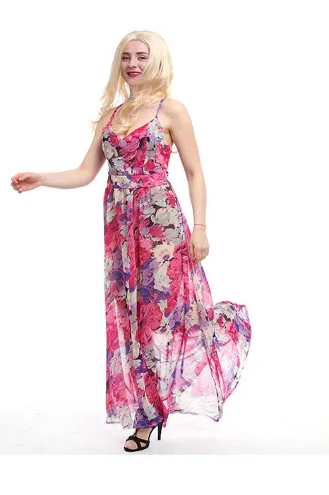 Women‘s Chiffon V-neck Adjustable Waist Fashion Sexy Long Beach Strap Slim Dress
