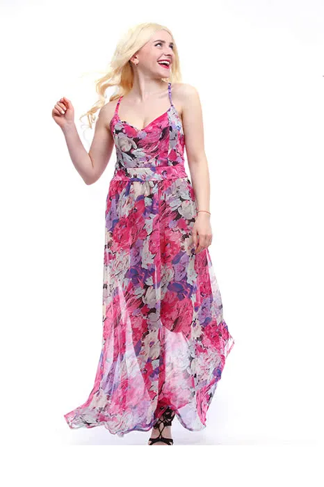 Women‘s Chiffon V-neck Adjustable Waist Fashion Sexy Long Beach Strap Slim Dress
