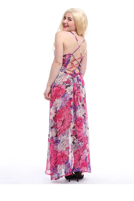 Women‘s Chiffon V-neck Adjustable Waist Fashion Sexy Long Beach Strap Slim Dress