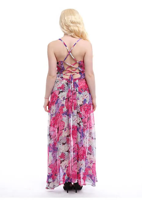 Women‘s Chiffon V-neck Adjustable Waist Fashion Sexy Long Beach Strap Slim Dress