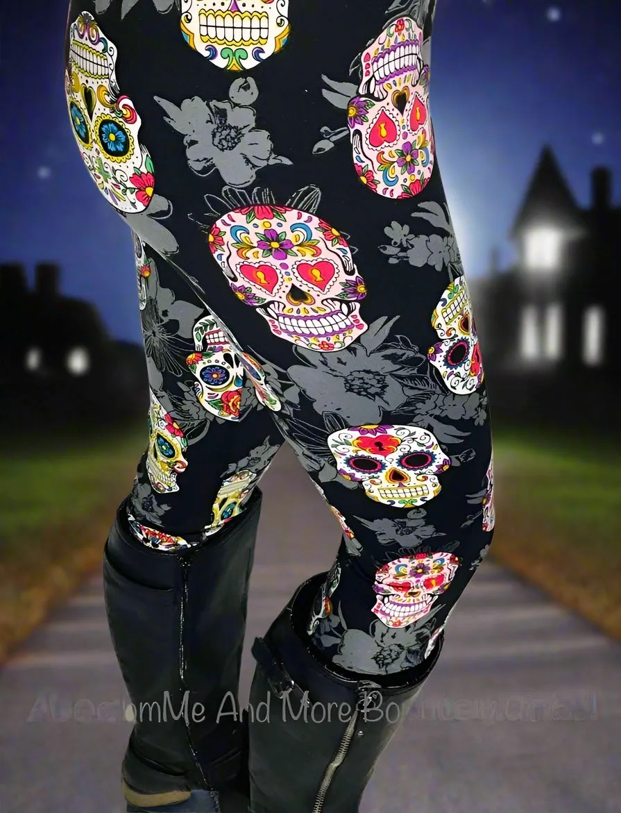 Womens Halloween Skull Leggings, Soft Yoga Pants, Adult Halloween Costume, Sizes 0-20, Yoga Waist, Black/Pink