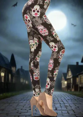 Womens Halloween Skull Leggings, Soft Yoga Pants, Adult Halloween Costume, Sizes 0-20, Yoga Waist, Black/Pink