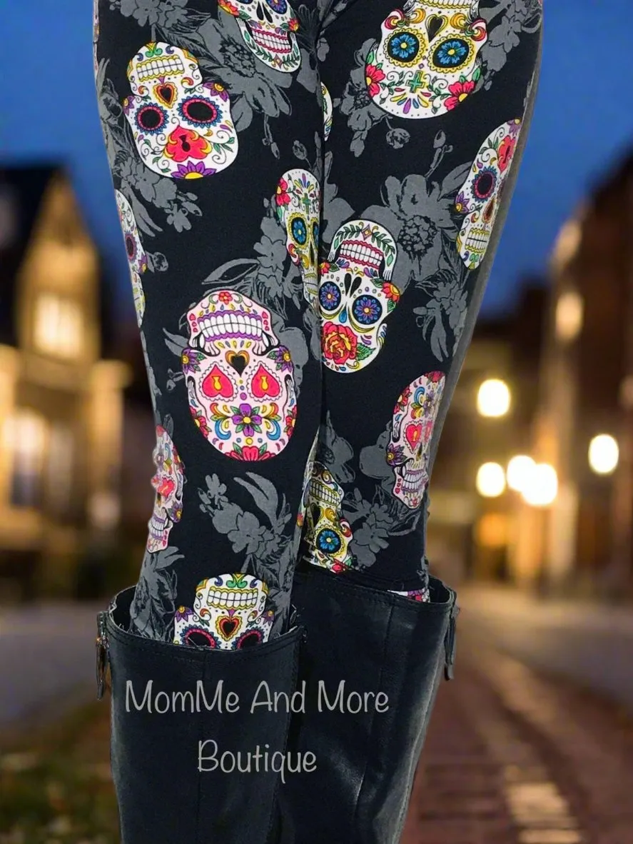 Womens Halloween Skull Leggings, Soft Yoga Pants, Adult Halloween Costume, Sizes 0-20, Yoga Waist, Black/Pink